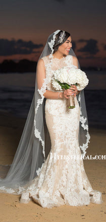 Elegant Jewel Mermaid Lace Long Wedding Dresses With Train, WDS0090
