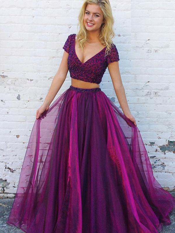 Two Piece V-Neck Short Sleeves Purple Tulle Beaded Prom Dresses,Cheap Prom Dress,PDY0388