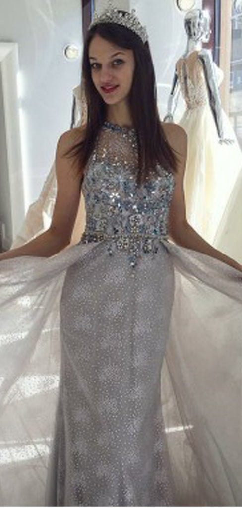 Mermaid Light Grey Prom Dress With Beading ,Cheap Prom Dresses,PDY0557