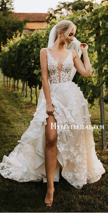 Sexy V Neck A-line Side Slit Cheap Beach Wedding Dresses Online, WDY0250