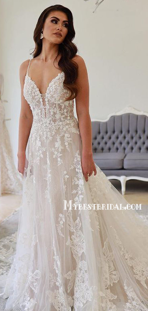 Newest V-neck A-line Lace Appliques Long Wedding Dresses. WDS0109