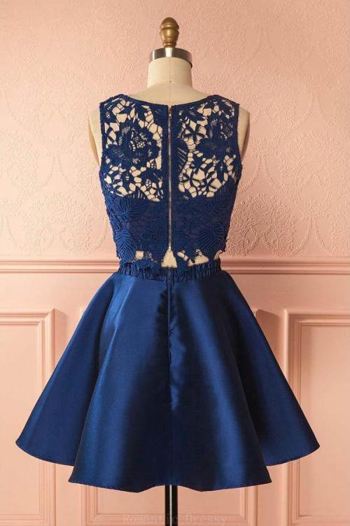 Sexy Two Pieces Navy Blue Illusion Lace Cheap Short Homecoming Dresses 2018, BDY0340