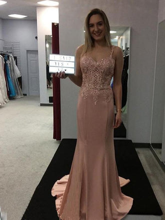 Mermaid Spaghetti Straps Pink Satin Evening Dresses ,Cheap Prom Dresses,PDY0615