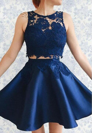 Sexy Two Pieces Navy Blue Illusion Lace Cheap Short Homecoming Dresses 2018, BDY0340