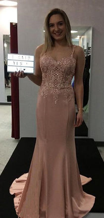 Mermaid Spaghetti Straps Pink Satin Evening Dresses ,Cheap Prom Dresses,PDY0615