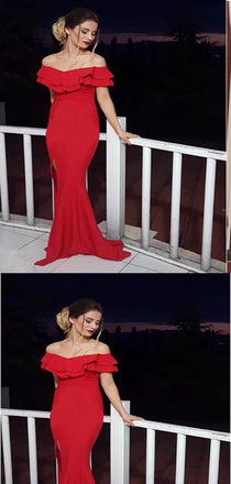 Mermaid Off-The -Shoulder Red Satin Long Prom Dresses,Cheap Prom Dresses,PDY0518