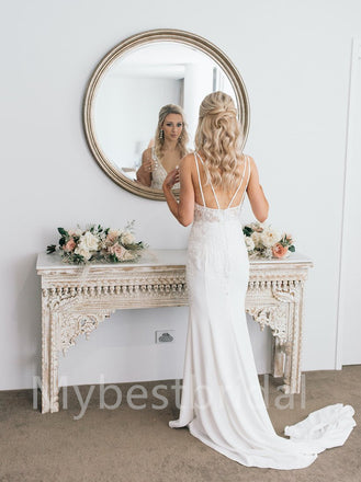 Simple V-neck Mermaid Lace applique Wedding Dresses, WDY0250