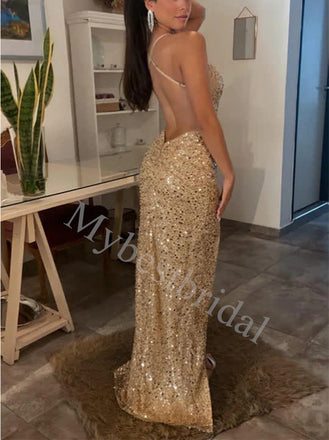Sexy Spaghetti straps Side slit Mermaid Prom Dresses,PDS0830