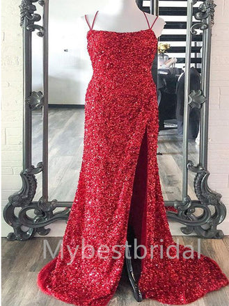 Sexy Spaghetti straps Side slit Mermaid Prom Dresses , PDS0393