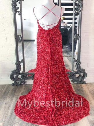 Sexy Spaghetti straps Side slit Mermaid Prom Dresses , PDS0393