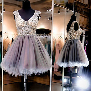 Grey sparkly V-neck charming Evening party Ball Gown homecoming  dresses, BDY0143