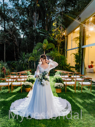 Simple V-neck Lone sleeves  A-line Lace applique Wedding Dresses, WDY0222