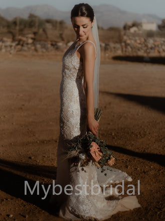Simple Sexy v-neck Spaghetti straps Mermaid Lace applique Wedding Dresses, WDY0214