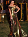Sparkly One-shoulder Mermaid Gold Long Prom Dresses, PDS0274