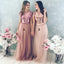 Sequin Bodice Tulle Skirt Cheap Long Bridesmaid Dresses With Sleeves, WGY0284