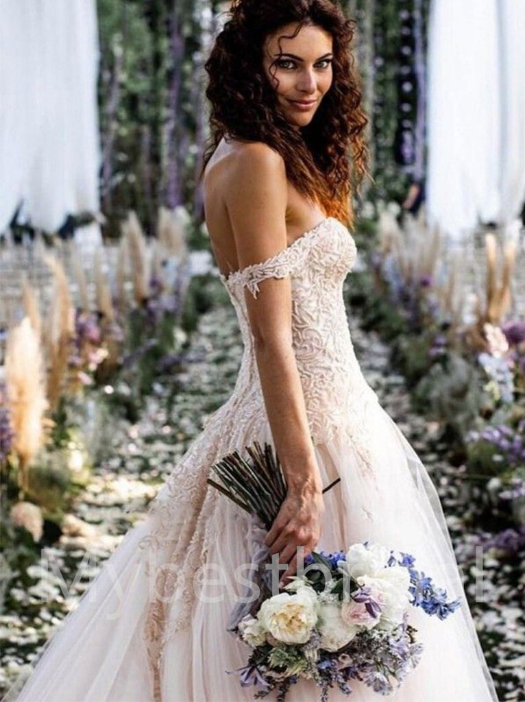 Elegant Off shoulder Sweetheart A-line Lace applique Wedding Dresses, WDY0306