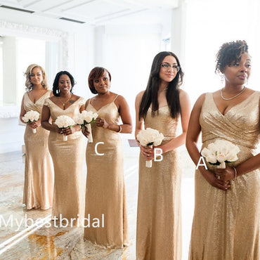 Mismatched Sequin Pleats V-neck Mermaid Floor-length Elegant Simple Long Bridesmaid Dresses, BDS0260