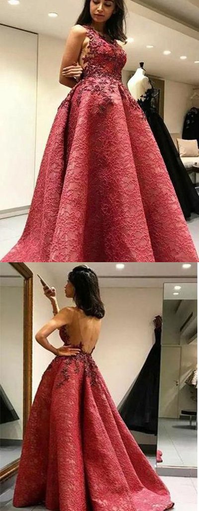 Modest A-Line Sexy Sleeveless Backless Lace Formal Evening Dresses, Appliques Prom Dress  ,PDY0177