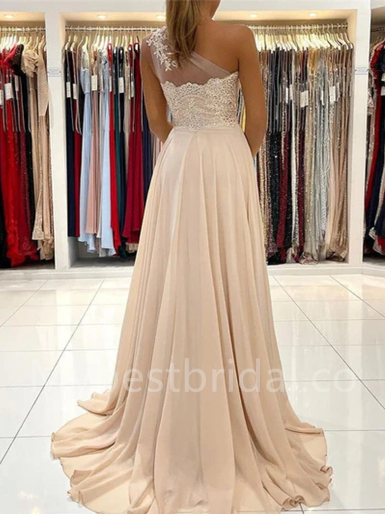 Elegant One-shoulder Side slit A-line Prom Dresses,PDS0524