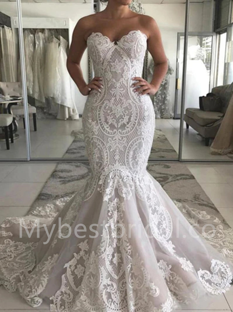 Elegant Sweetheart Sleeveless Mermaid Lace applique Wedding Dresses, WDY0298