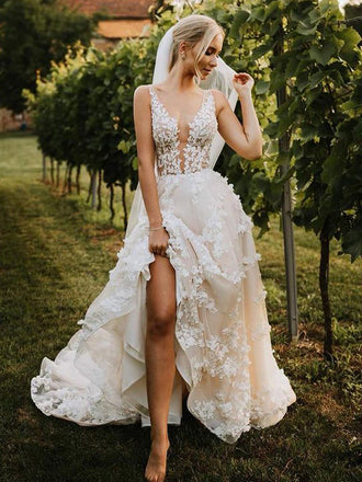Sexy V Neck A-line Side Slit Cheap Beach Wedding Dresses Online, WDY0250