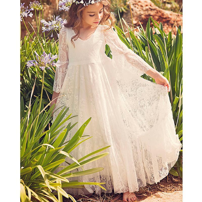 Boho Long Sleeve A-line Lace Flower Girl Dresses, Lovely Little Girl Dresses, FGY0104