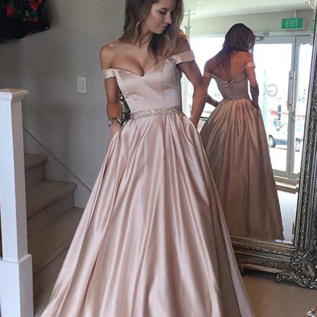 Fashion A-line Off-The-Shoulder Pink Long Prom Dress with Pockets,Party Dresses,New Evening Dress,PDY0300