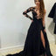 Long Sleeves Black Lace Chiffon Floor Length Party Dress ,Custom Dress, Party Cocktail Dress ,PDY0303