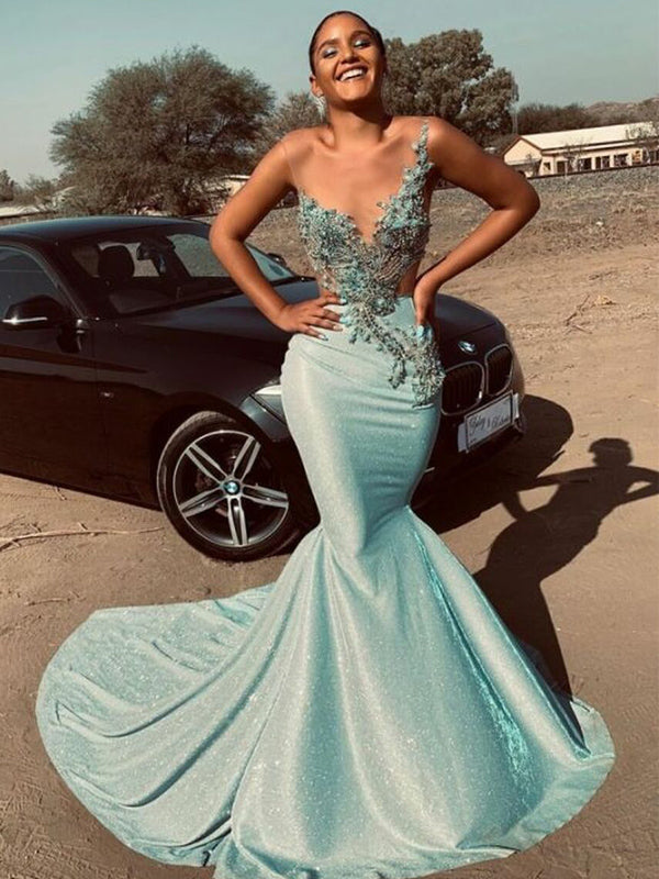 New Arrival Mermaid Beads Satin Sparkly Prom Dresses PDS0315