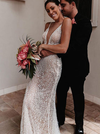 Popular V-neck Long Cheap Mermaid Open Back Wedding Dresses, TYP0019