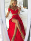 Red Two Pieces Side Slit Off Shoulder Floor-Length Prom Dresses,PDY0159