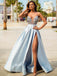 A-line Spaghetti Straps Blue Satin Prom Dresses,Cheap Prom Dresses,PDY0483