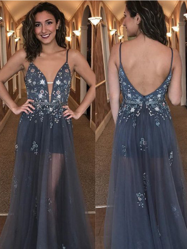 Gorgeous A-line Straps V-neck Backless Grey Long Tulle Prom Dress,Evening Party Dress ,PDY0377