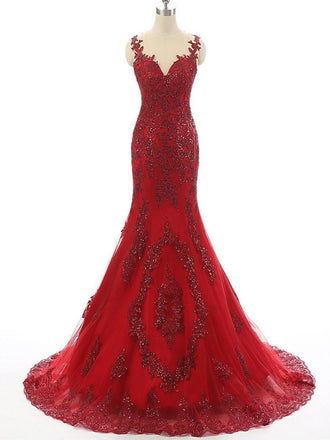 Red Tulle Lace Rhinestone Luxury Real Made Long Prom Dresses, BG0078