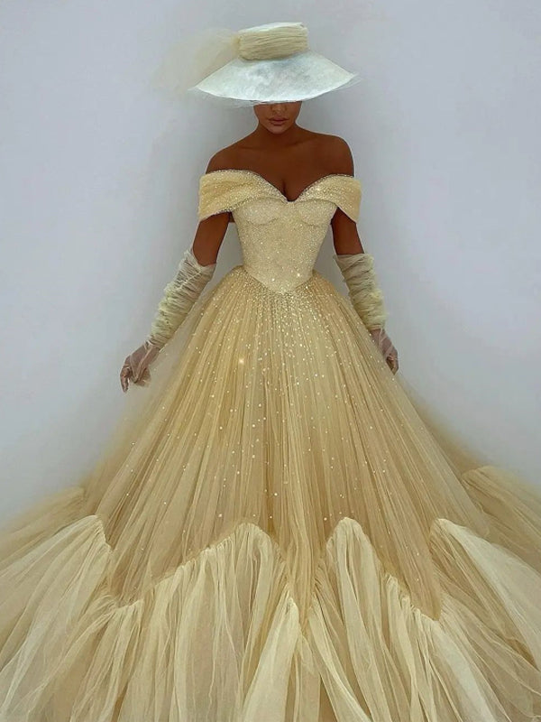 Elegant Off-shoulder A-line Tulle Long Prom Dresses, PDS0177