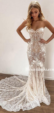 Sweetheart Lace Mermaid Long Cheap Wedding Dresses, WDS0045