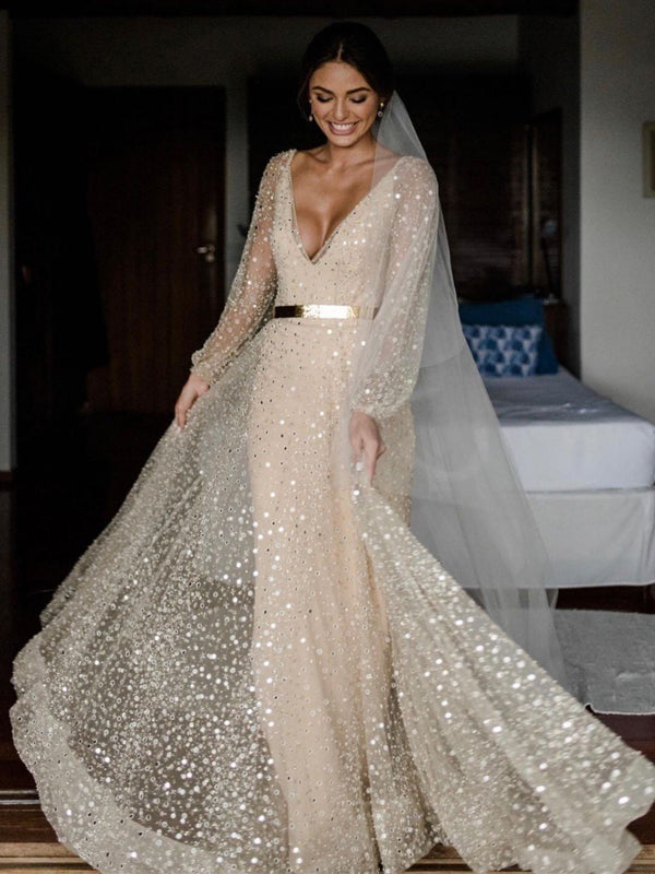 Charming V Neck Long Sleeve A-line Tulle Cheap Wedding Dresses, TYP0017