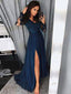 A-Line V-Neck Navy Blue Chiffon Prom Dress with Appliques Beading,Evening Party Dress,PDY0374