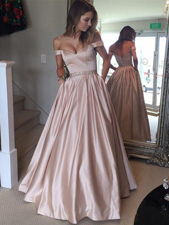 Fashion A-line Off-The-Shoulder Pink Long Prom Dress with Pockets,Party Dresses,New Evening Dress,PDY0300