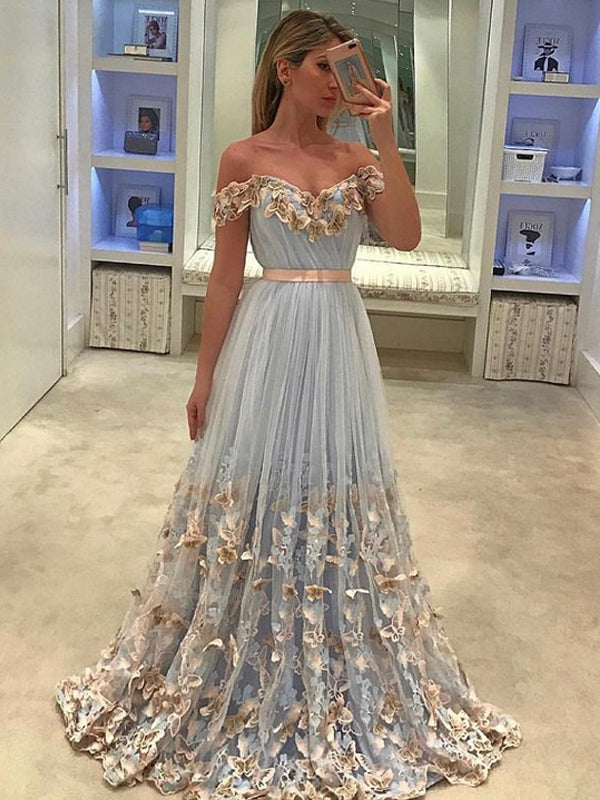 Light Blue A-line Off-shoulder Long Prom Dresses With Lace Applique,PDY0375