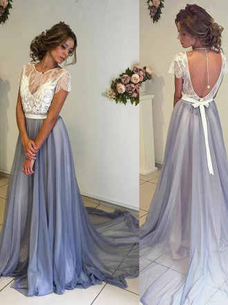 White Lace Top Short Sleeve Backless Long A-line Chiffon Prom Dresses, BG0025