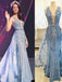 Blue Appliques Rhinestone Long Sheath Tulle Lace Prom Dresses, BG0276