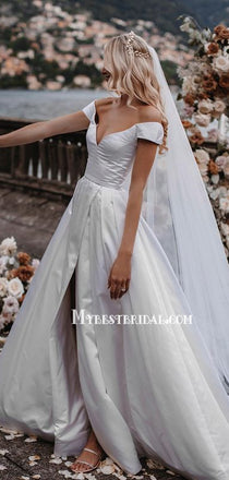 Newest Off-shoulder A-line Side Slit Simple Wedding Dresses. WDS0098