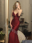 Burgundy Spaghetti Straps V-Neck Lace Back Mermaid Long Prom Evening Dress,PDS1026