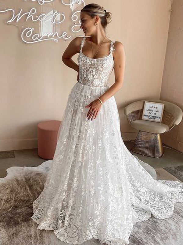 Spaghetti Straps Lace A-line Simple Wedding Dresses Online, WDY0233