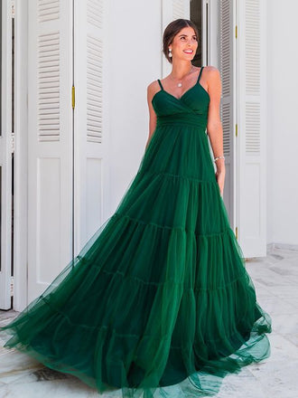 Spaghetti Strap A-line Tulle Simple Long Prom Dresses, PDS0190