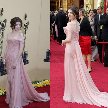 Off Shoulder Nude Chiffon Lace Long A-line Front Slit Celebrity Prom Dresses, BG0022