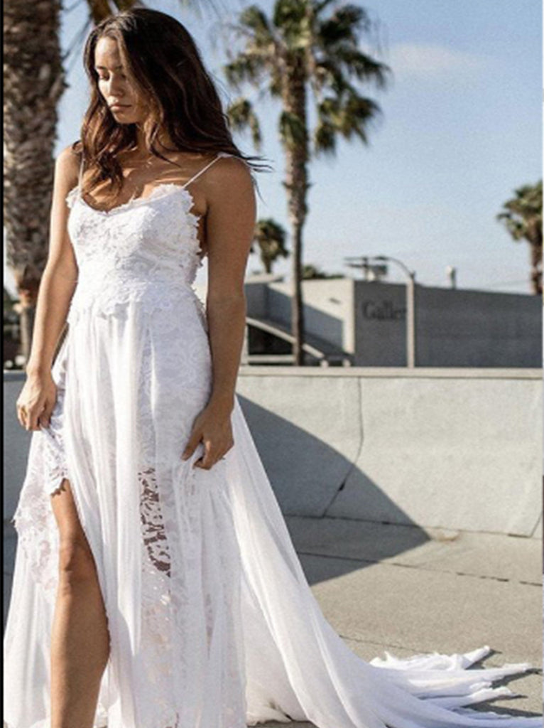 Custom Made Chiffon Lace Flower Spaghetti Open Back Beach Wedding Dresses, Bridal Dress WDY0167