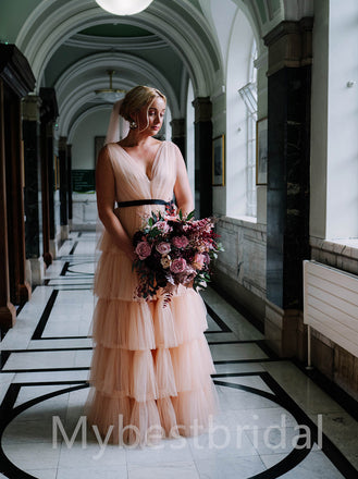 Simple V-neck Backless A-Line Floor-length Wedding Dresses, WDY0188