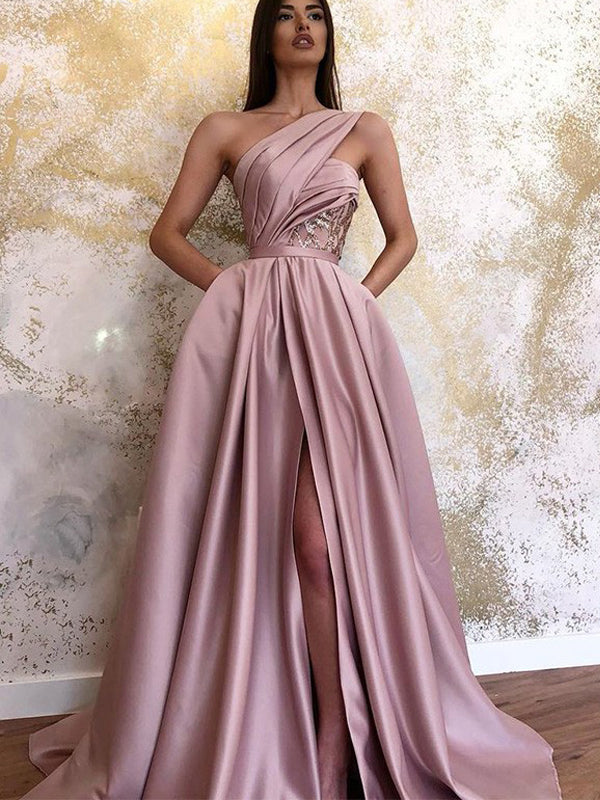 Dusty Pink One Shoulder Satin A-line Long Elegant Party Prom Dress,PDY0108
